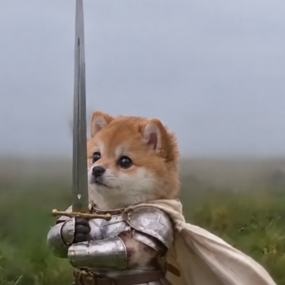 An adorable little Doge in medieval armor holding a very big sword